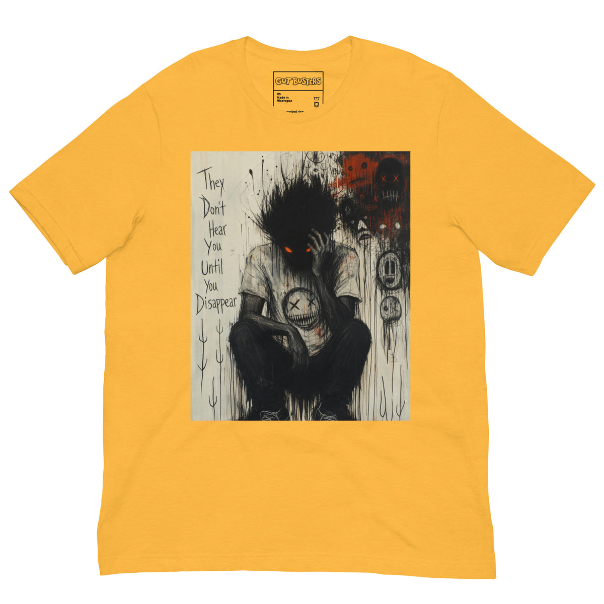 Heather yellow unisex t-shirt with the 'To Late' goth graphic: a shadowy, wild-haired figure with glowing red eyes hunched over, with the words "They don't hear you until you disappear"