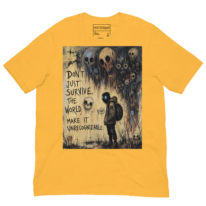Heather yellow unisex t-shirt with the 'World Changer' goth graphic: a hooded figure beneath looming skulls, with the words "Don't just survive the world, make it unrecognizable"