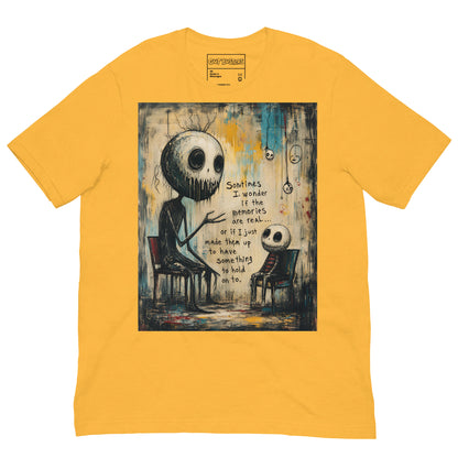 Heather yellow unisex t-shirt with the 'Memories' goth graphic: two skull-faced figures sitting in chairs, with the words "Sometimes I wonder if the memories are real"