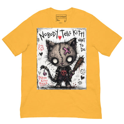 Heather yellow unisex t-shirt with the 'Kitty' goth graphic: a stitched zombie cat holding a spiked bat, with the words "Nobody tells Kitty what to do"