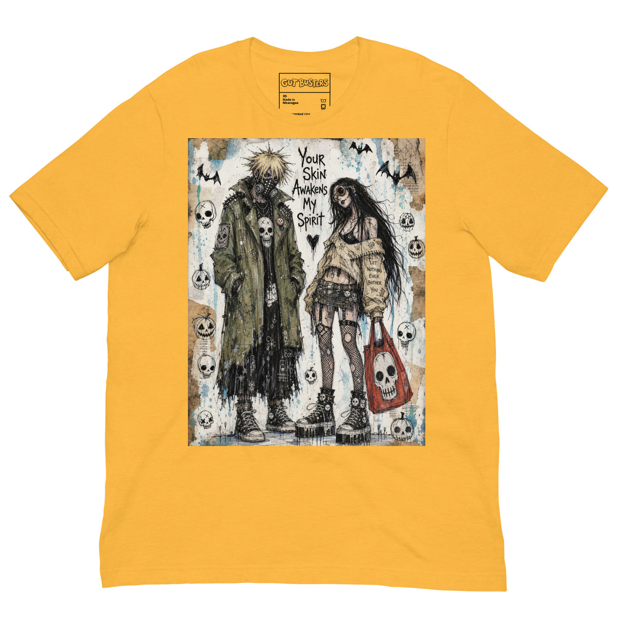 Heather yellow unisex t-shirt with the 'Your Skin Awakens My Spirit' goth graphic: a grunge zombie couple standing together, with the words "Your skin awakens my spirit"