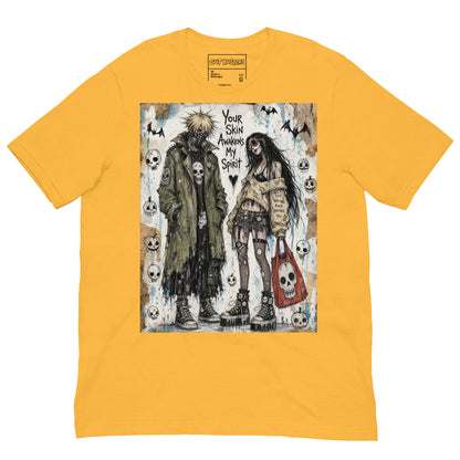 Heather yellow unisex t-shirt with the 'Your Skin Awakens My Spirit' goth graphic: a grunge zombie couple standing together, with the words "Your skin awakens my spirit"