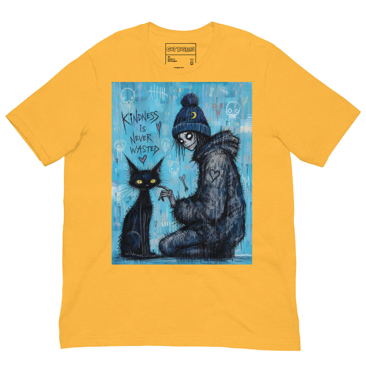 Heather yellow unisex t-shirt with the 'Kindness Is Never Wasted' goth graphic: a girl in a moon beanie petting a black cat on a blue background, with the words "Kindness is never wasted"