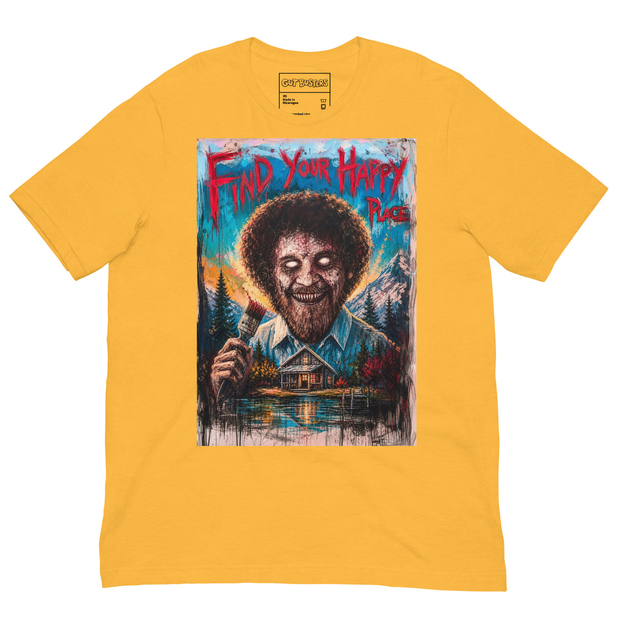 Heather yellow unisex t-shirt with the 'Find Your Happy Place' goth graphic: a zombie painter with a curly afro holding a paintbrush in front of a lakeside cabin, with the words "Find your happy place"