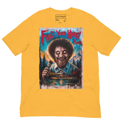 Heather yellow unisex t-shirt with the 'Find Your Happy Place' goth graphic: a zombie painter with a curly afro holding a paintbrush in front of a lakeside cabin, with the words "Find your happy place"