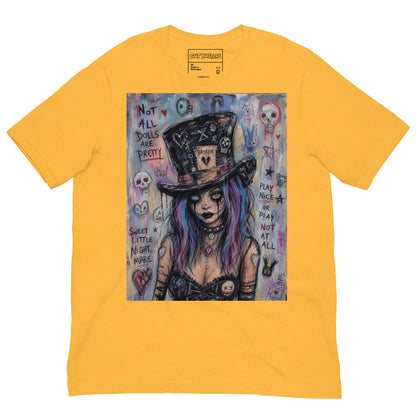 Heather yellow unisex t-shirt with the 'The Real Alice' goth graphic: a goth girl with blue and purple hair in a patched top hat, with the words "Not all dolls are pretty"