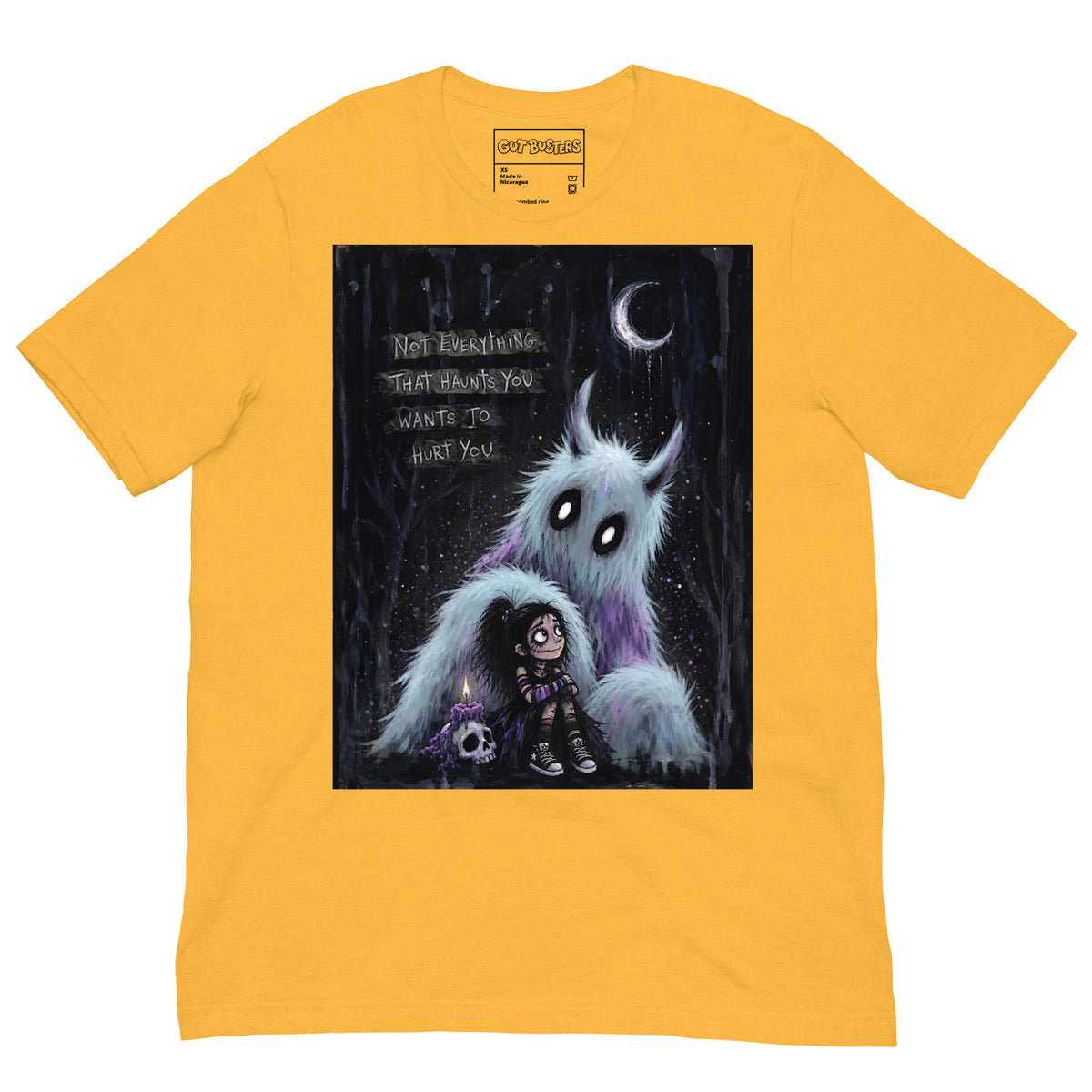 Heather yellow unisex t-shirt with the 'The Haunted' goth graphic: a little goth girl holding a candle beside a fuzzy blue monster under a crescent moon, with the words "Not everything that haunts you wants to hurt you"