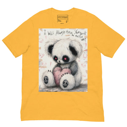 Heather yellow unisex t-shirt with the 'Always Got Your Back' goth graphic: a stitched panda-style teddy bear holding a pink heart, with the words "I will always have your back no matter what"