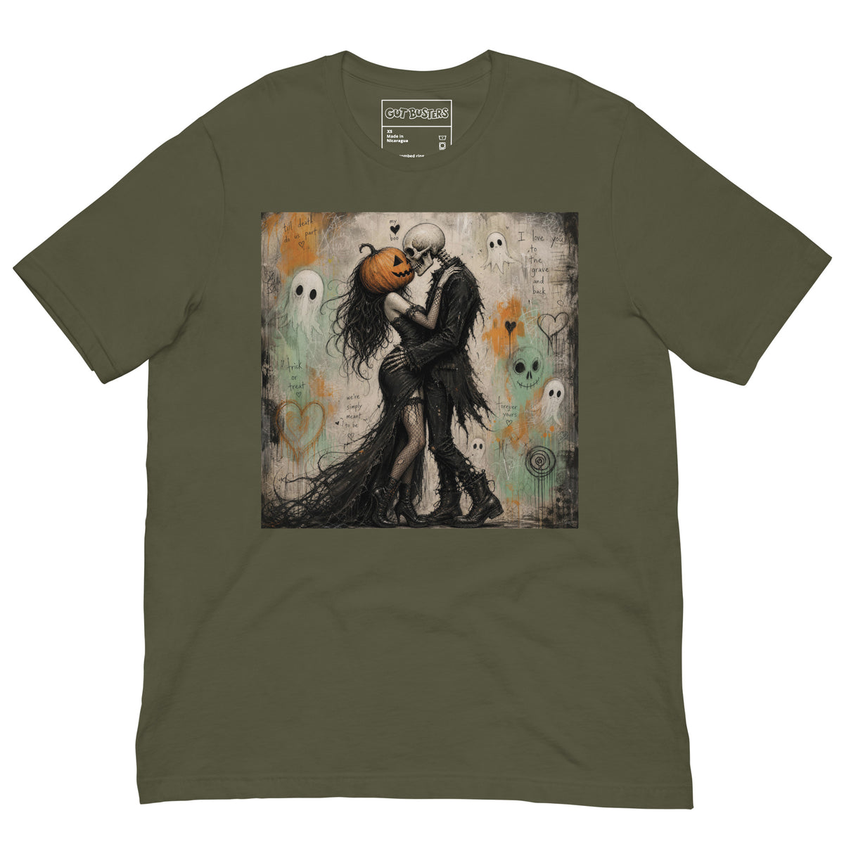 Military green unisex t-shirt with the 'Everlasting Love' goth graphic: a pumpkin-headed skeleton embracing a woman in a flowing black dress, surrounded by ghosts