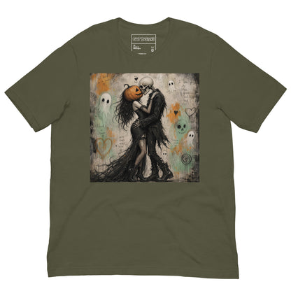 Military green unisex t-shirt with the 'Everlasting Love' goth graphic: a pumpkin-headed skeleton embracing a woman in a flowing black dress, surrounded by ghosts