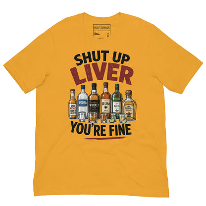 Funny "My Drinking Shirt" graphic printed on a mustard unisex tee, front view