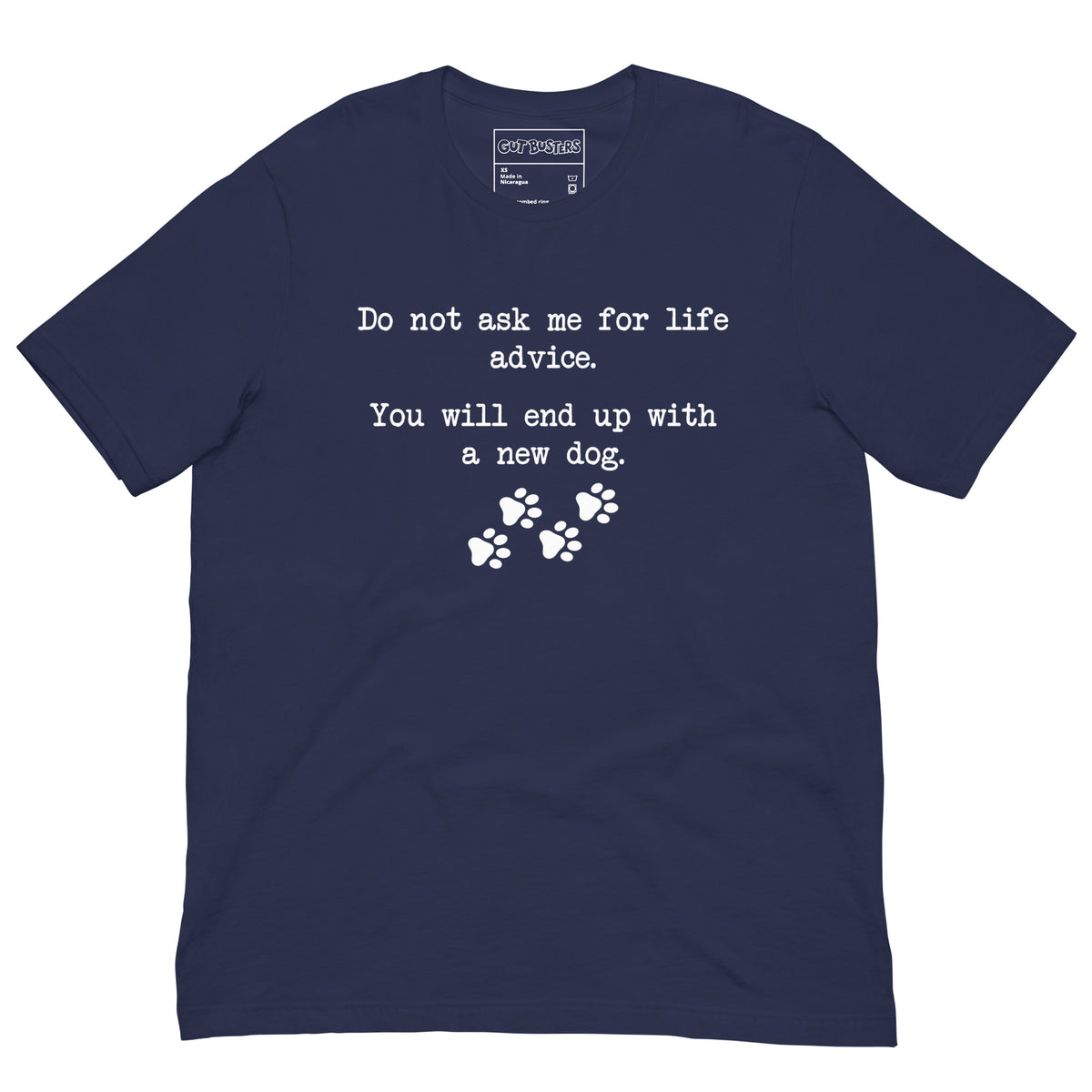 Funny "Don't Ask Me For Advice" graphic printed on a navy unisex tee, front view