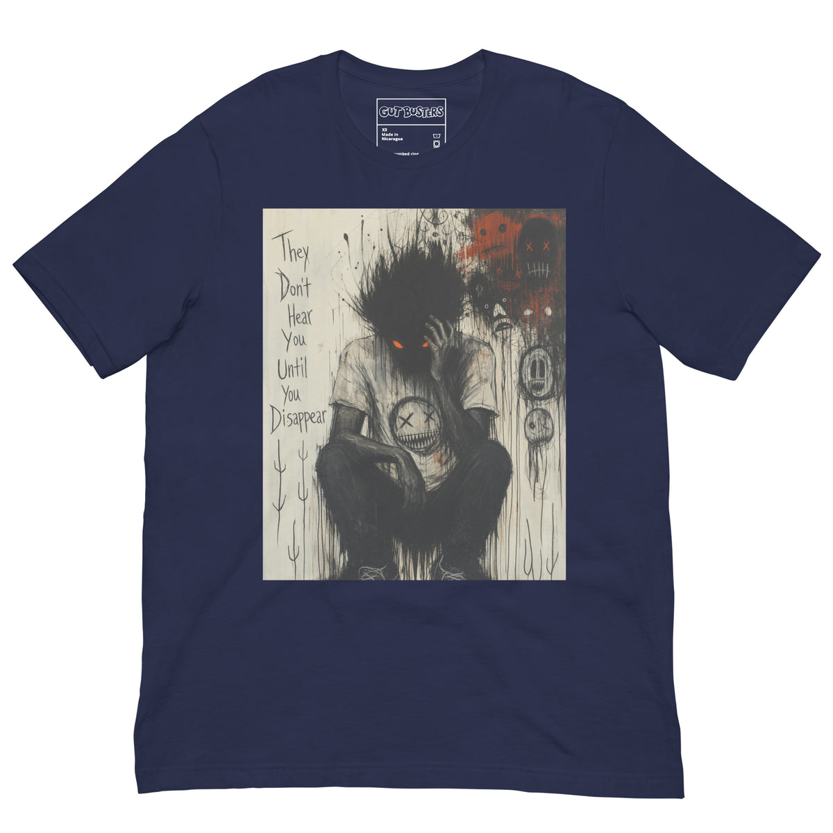 Navy unisex t-shirt with the 'To Late' goth graphic: a shadowy, wild-haired figure with glowing red eyes hunched over, with the words "They don't hear you until you disappear"