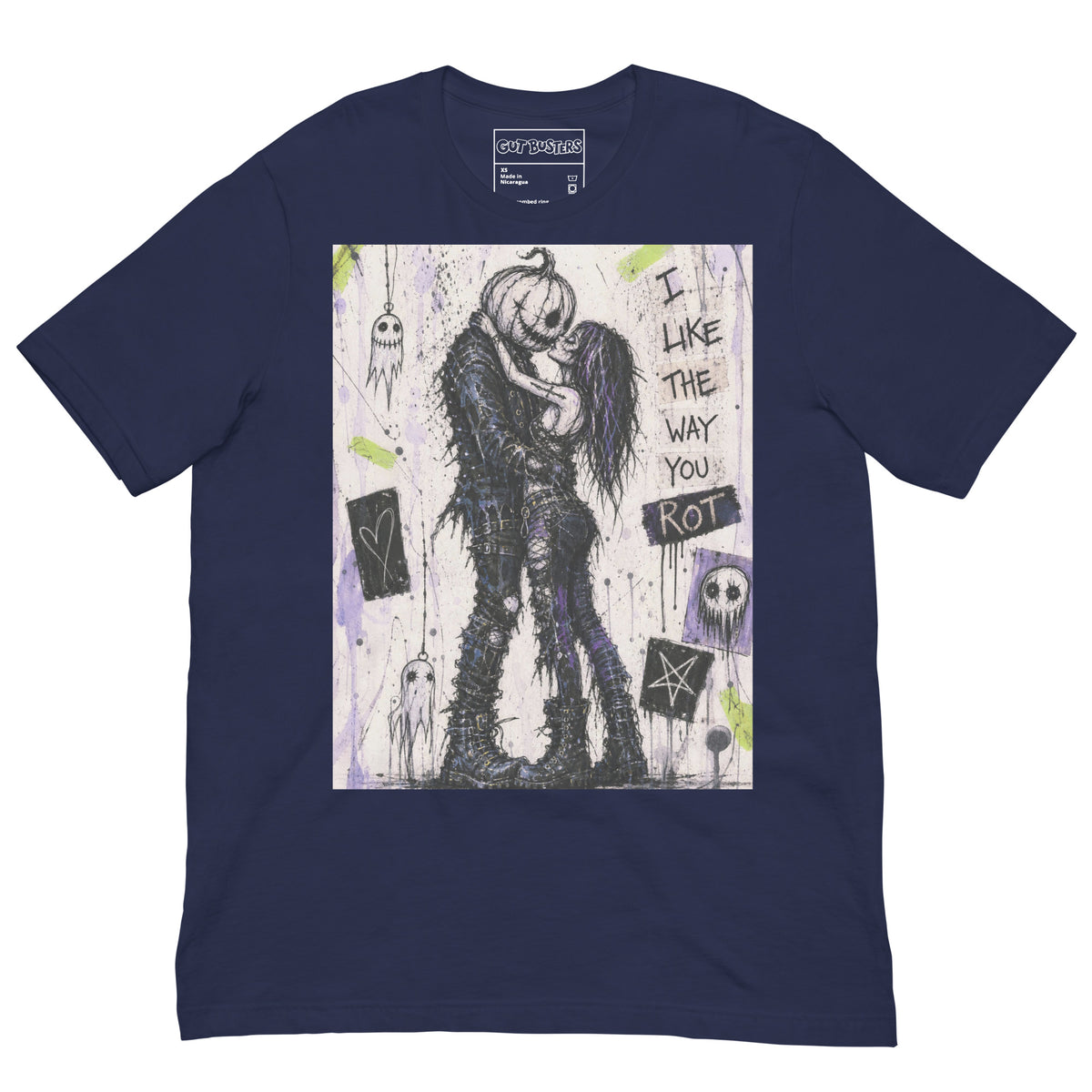 Navy unisex t-shirt with the 'I Like The Way You Rot' goth graphic: a pumpkin-headed zombie kissing a purple-haired goth girl, with the words "I like the way you rot"
