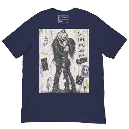 Navy unisex t-shirt with the 'I Like The Way You Rot' goth graphic: a pumpkin-headed zombie kissing a purple-haired goth girl, with the words "I like the way you rot"