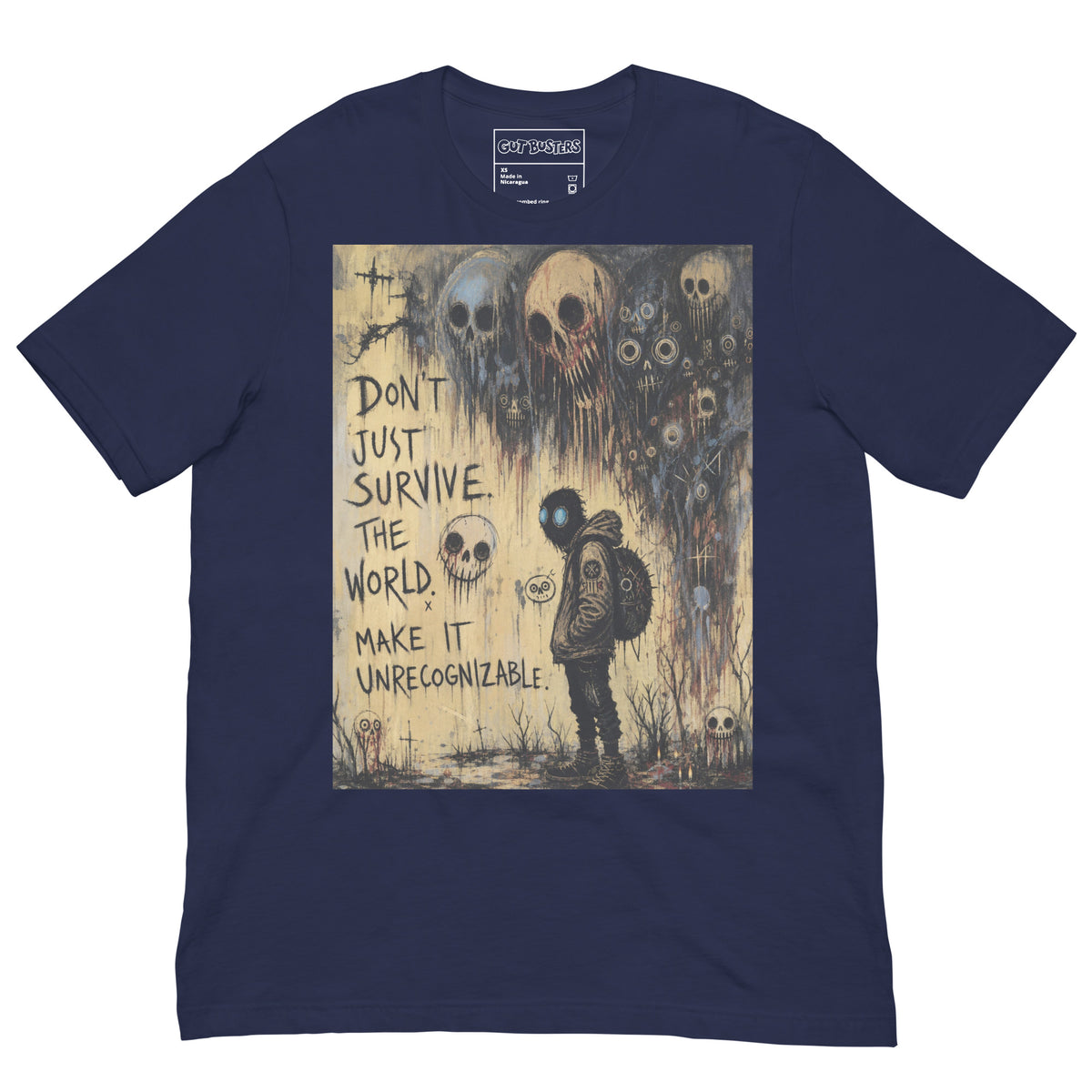 Navy unisex t-shirt with the 'World Changer' goth graphic: a hooded figure beneath looming skulls, with the words "Don't just survive the world, make it unrecognizable"