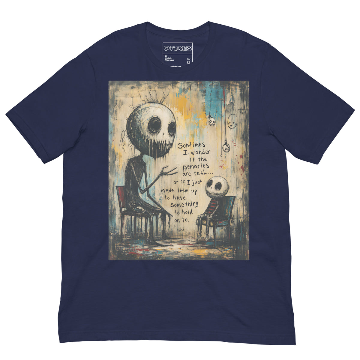 Navy unisex t-shirt with the 'Memories' goth graphic: two skull-faced figures sitting in chairs, with the words "Sometimes I wonder if the memories are real"