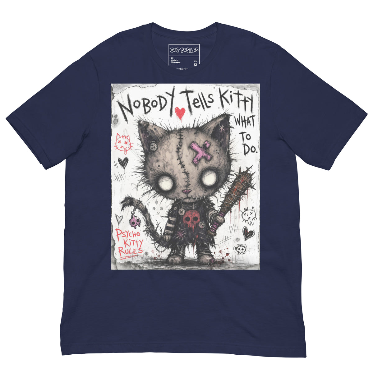 Navy unisex t-shirt with the 'Kitty' goth graphic: a stitched zombie cat holding a spiked bat, with the words "Nobody tells Kitty what to do"
