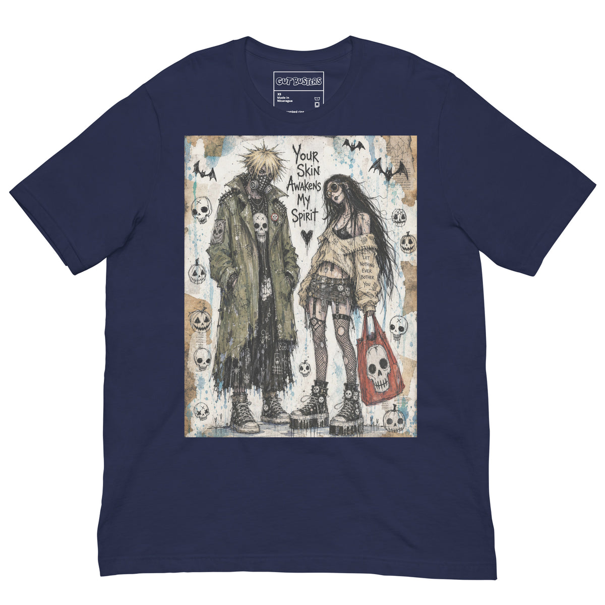 Navy unisex t-shirt with the 'Your Skin Awakens My Spirit' goth graphic: a grunge zombie couple standing together, with the words "Your skin awakens my spirit"