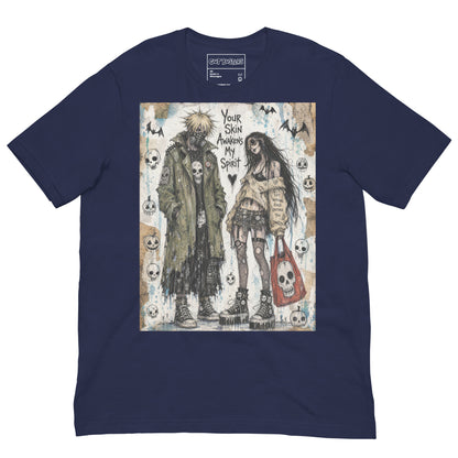 Navy unisex t-shirt with the 'Your Skin Awakens My Spirit' goth graphic: a grunge zombie couple standing together, with the words "Your skin awakens my spirit"