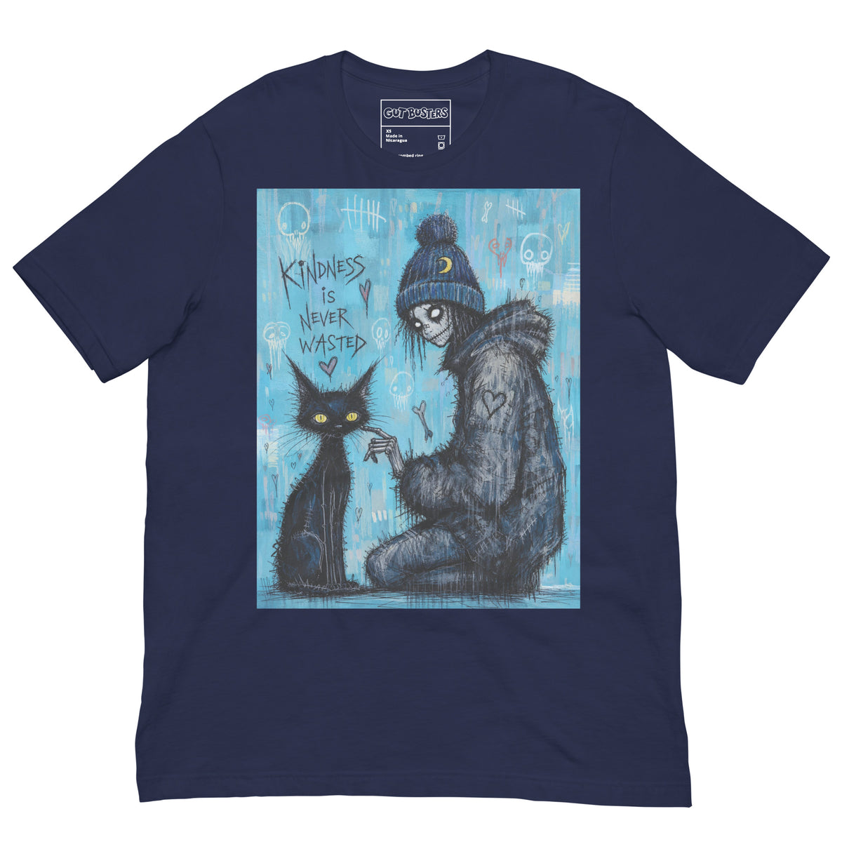 Navy unisex t-shirt with the 'Kindness Is Never Wasted' goth graphic: a girl in a moon beanie petting a black cat on a blue background, with the words "Kindness is never wasted"