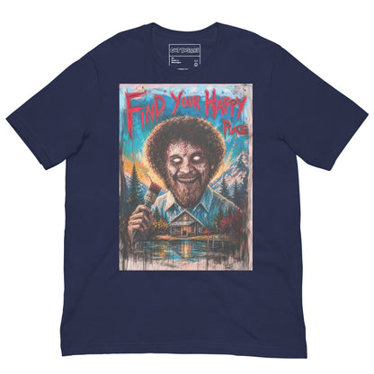 Navy unisex t-shirt with the 'Find Your Happy Place' goth graphic: a zombie painter with a curly afro holding a paintbrush in front of a lakeside cabin, with the words "Find your happy place"