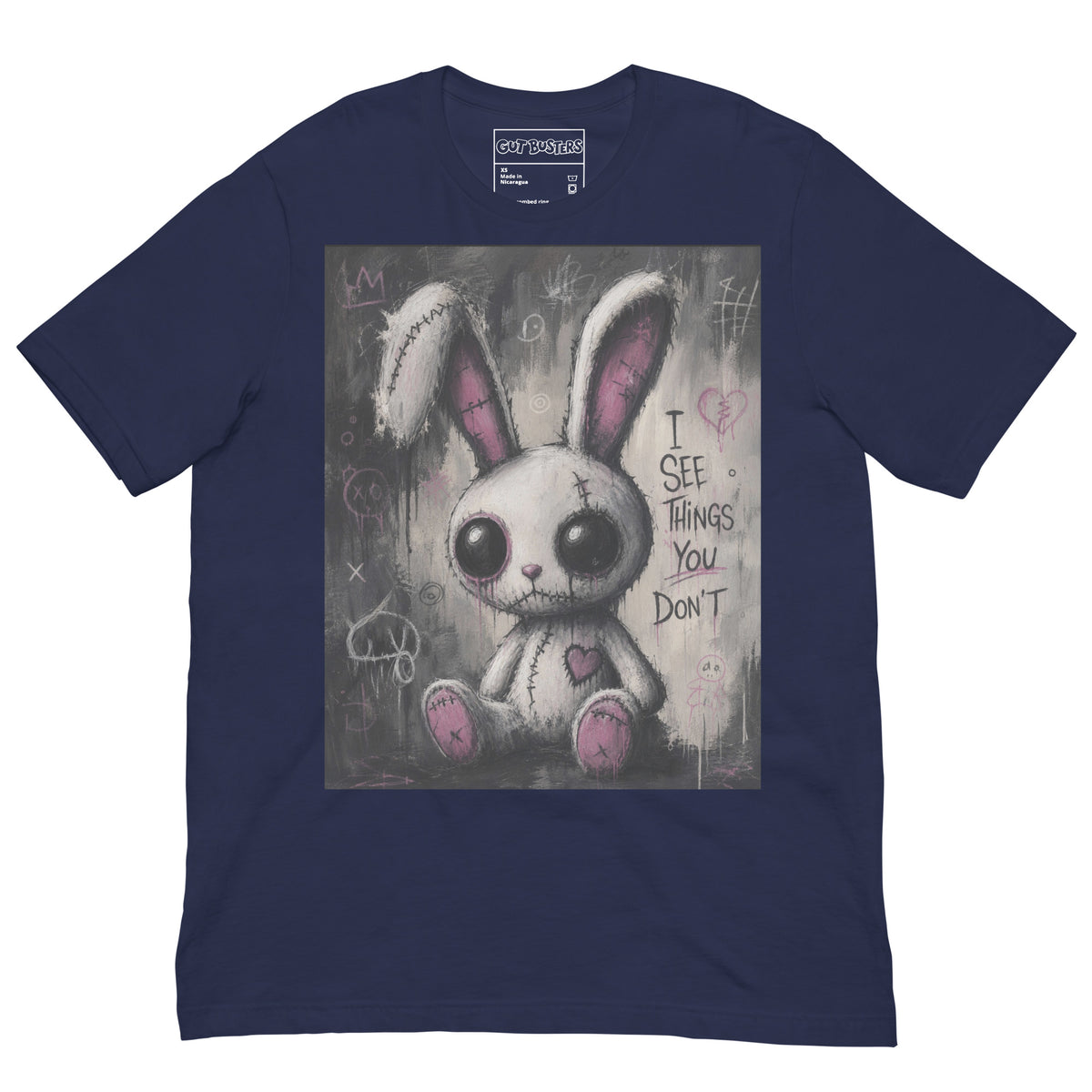 Navy unisex t-shirt with the 'I See Things You Don't' goth graphic: a stitched white bunny with hollow eyes, with the words "I see things you don't"