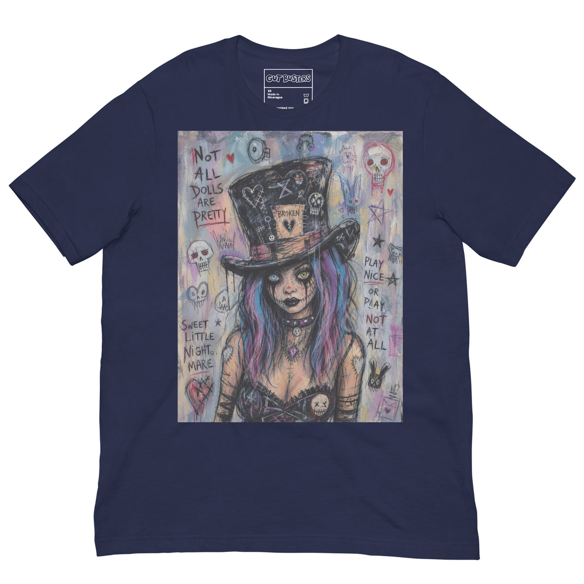 Navy unisex t-shirt with the 'The Real Alice' goth graphic: a goth girl with blue and purple hair in a patched top hat, with the words "Not all dolls are pretty"