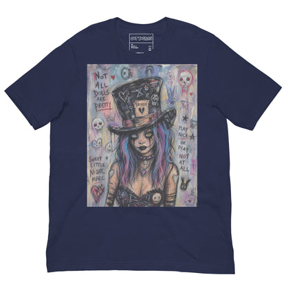 Navy unisex t-shirt with the 'The Real Alice' goth graphic: a goth girl with blue and purple hair in a patched top hat, with the words "Not all dolls are pretty"
