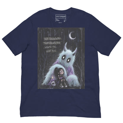 Navy unisex t-shirt with the 'The Haunted' goth graphic: a little goth girl holding a candle beside a fuzzy blue monster under a crescent moon, with the words "Not everything that haunts you wants to hurt you"