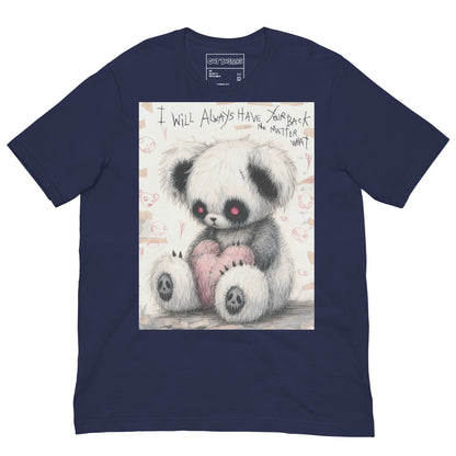 Navy unisex t-shirt with the 'Always Got Your Back' goth graphic: a stitched panda-style teddy bear holding a pink heart, with the words "I will always have your back no matter what"
