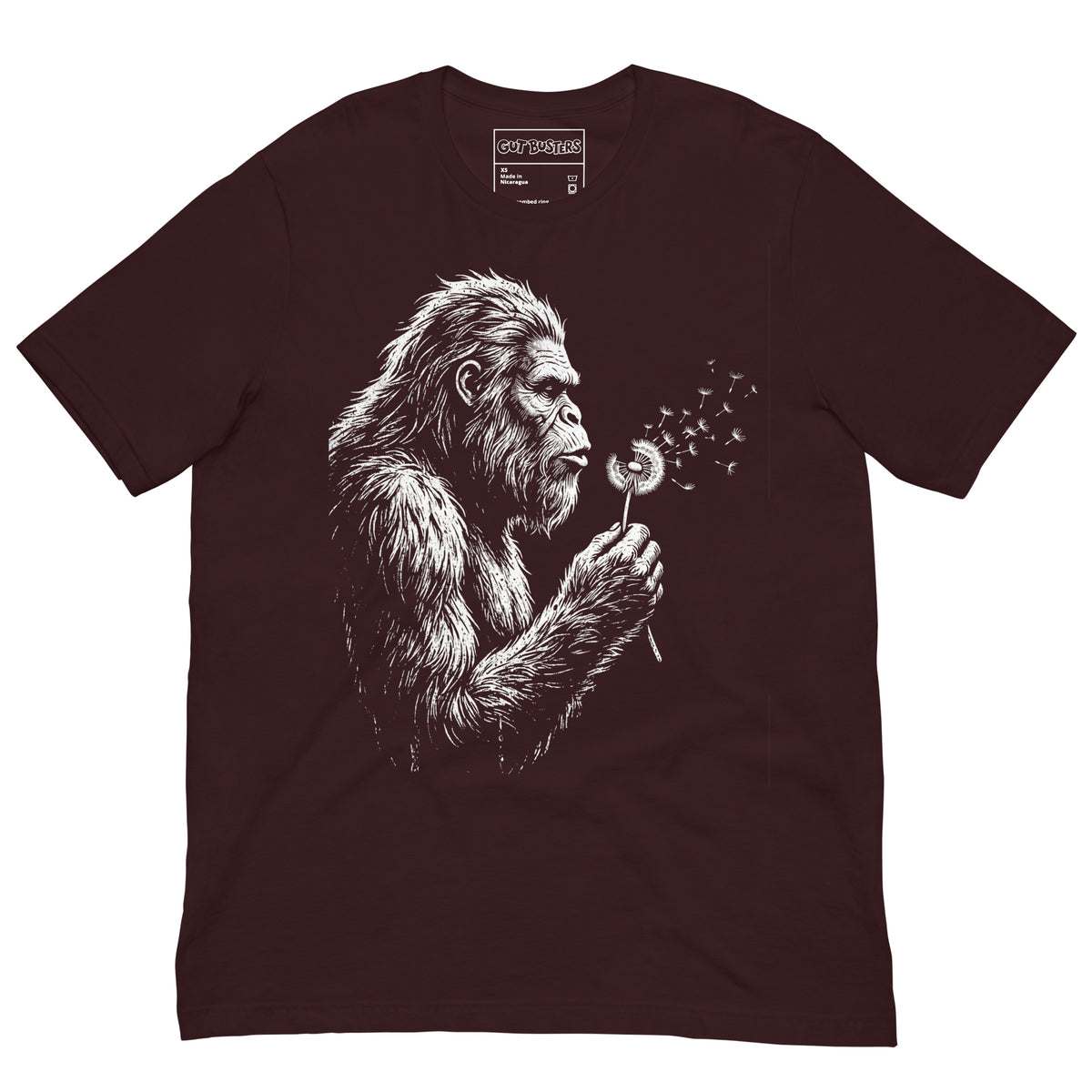 Funny "Bigfoots The Soft Giant" graphic printed on an oxblood black unisex tee, front view