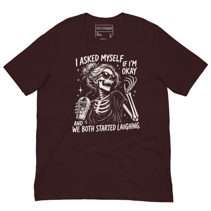Funny "Am I Ok Self" graphic printed on an oxblood black unisex tee, front view