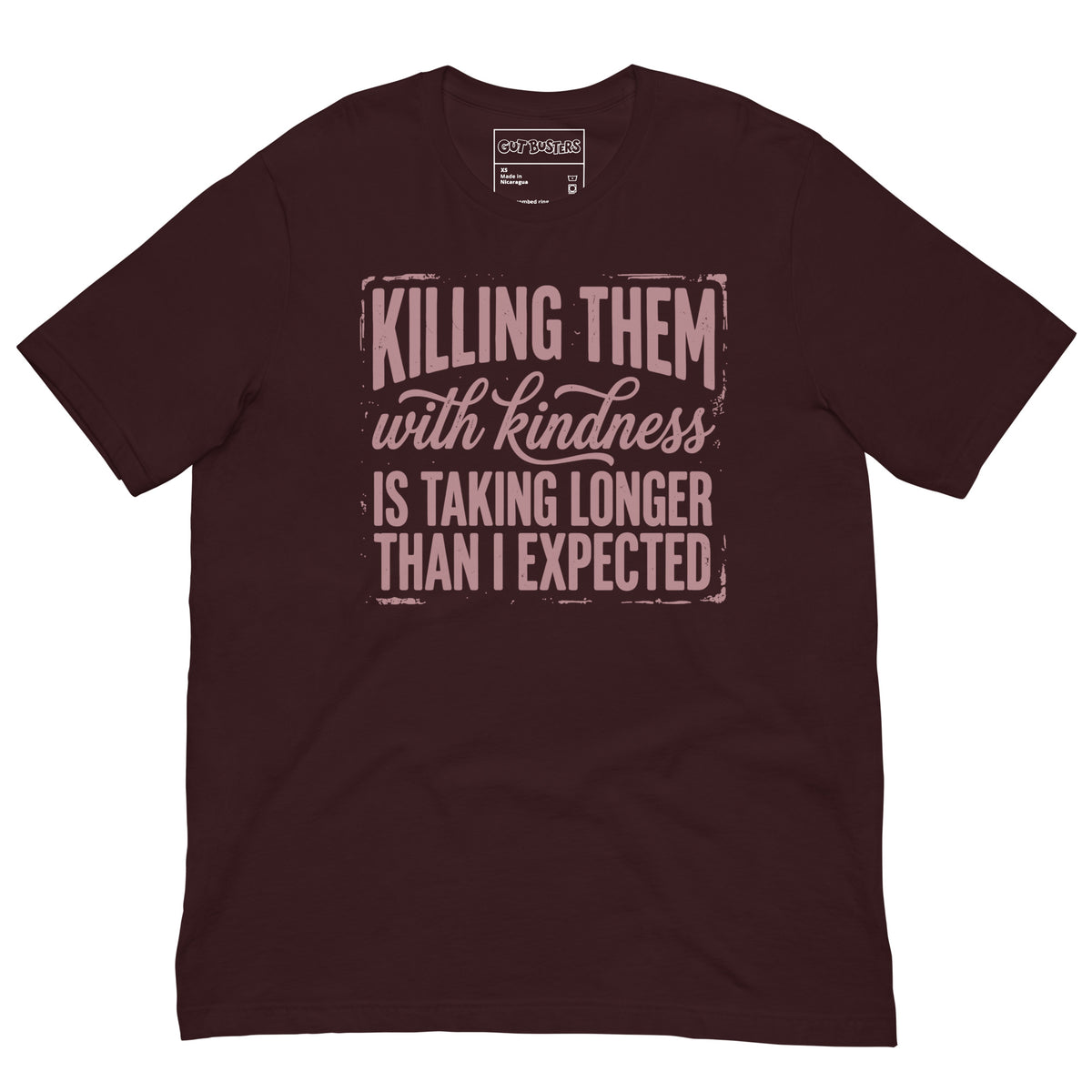 Funny "This Is Taking Way To Long" graphic printed on an oxblood black unisex tee, front view