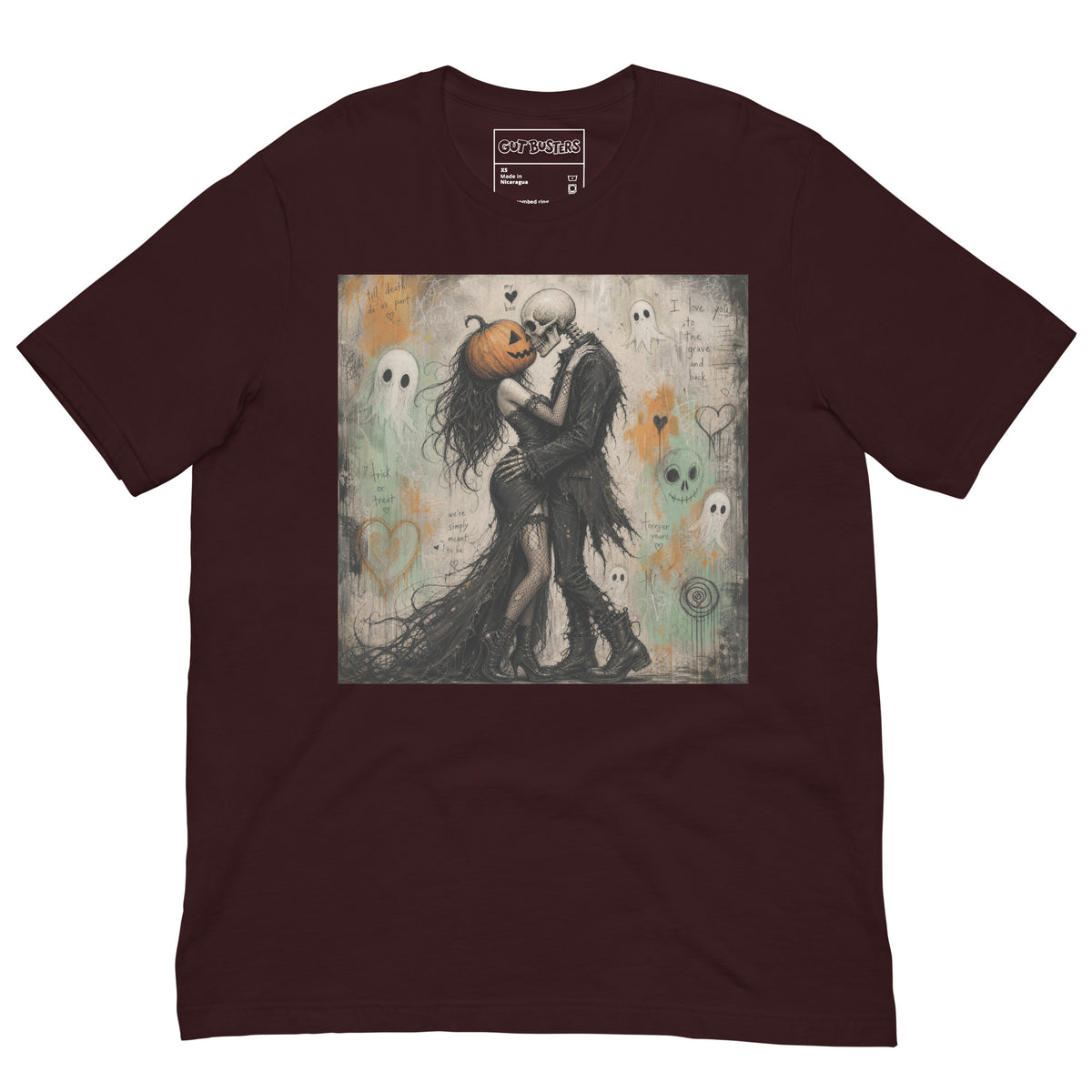 Oxblood unisex t-shirt with the 'Everlasting Love' goth graphic: a pumpkin-headed skeleton embracing a woman in a flowing black dress, surrounded by ghosts