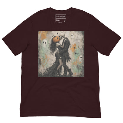 Oxblood unisex t-shirt with the 'Everlasting Love' goth graphic: a pumpkin-headed skeleton embracing a woman in a flowing black dress, surrounded by ghosts