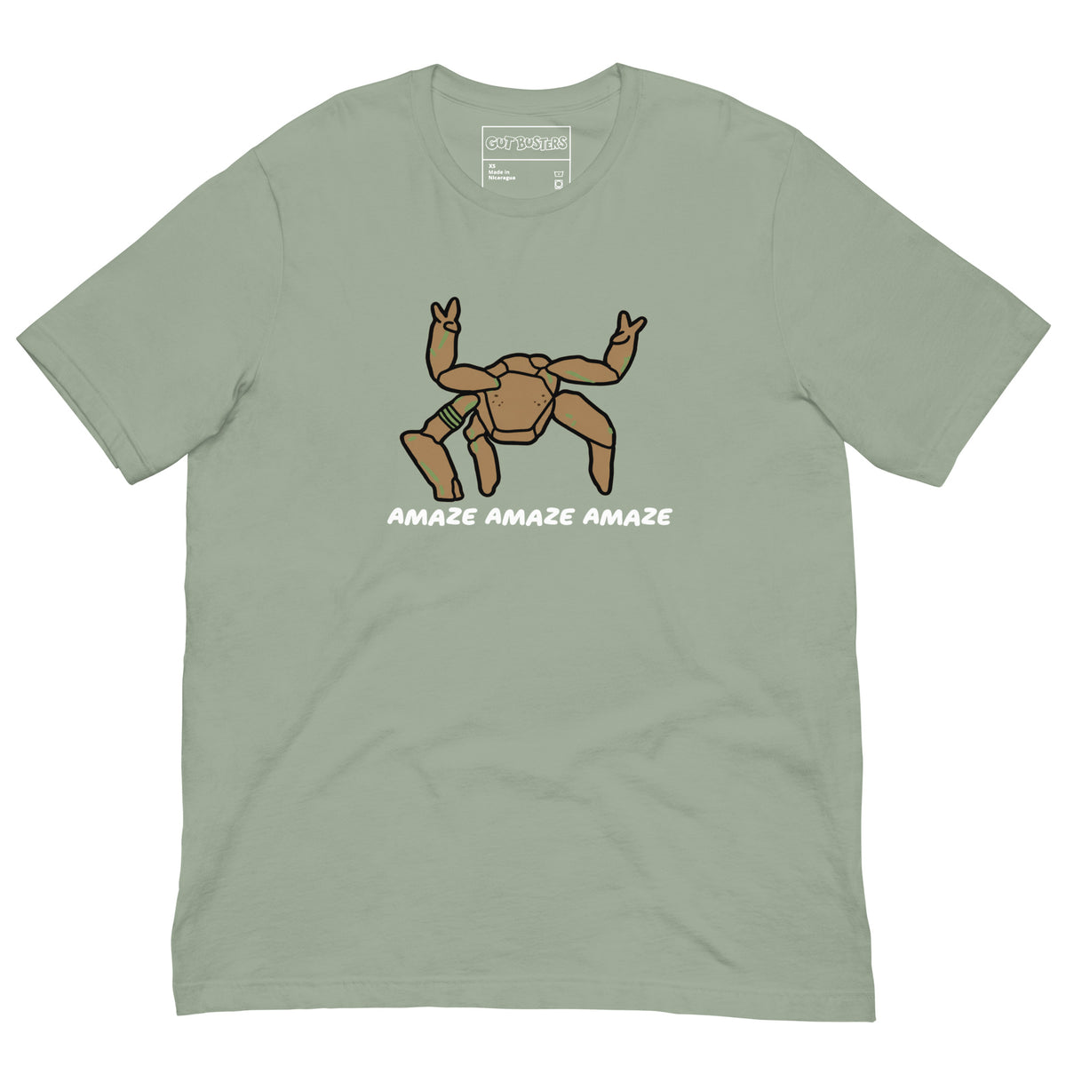 Funny "Rocky The Alien" graphic printed on a sage unisex tee, front view