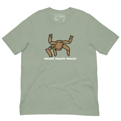 Funny "Rocky The Alien" graphic printed on a sage unisex tee, front view
