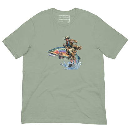 Funny "Salmon Wrangler...They're Real" graphic printed on a sage unisex tee, front view