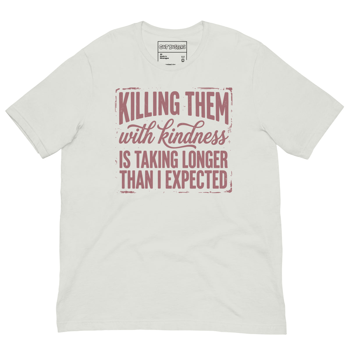 Funny "This Is Taking Way To Long" graphic printed on a silver unisex tee, front view