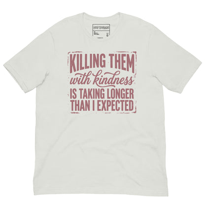 Funny "This Is Taking Way To Long" graphic printed on a silver unisex tee, front view