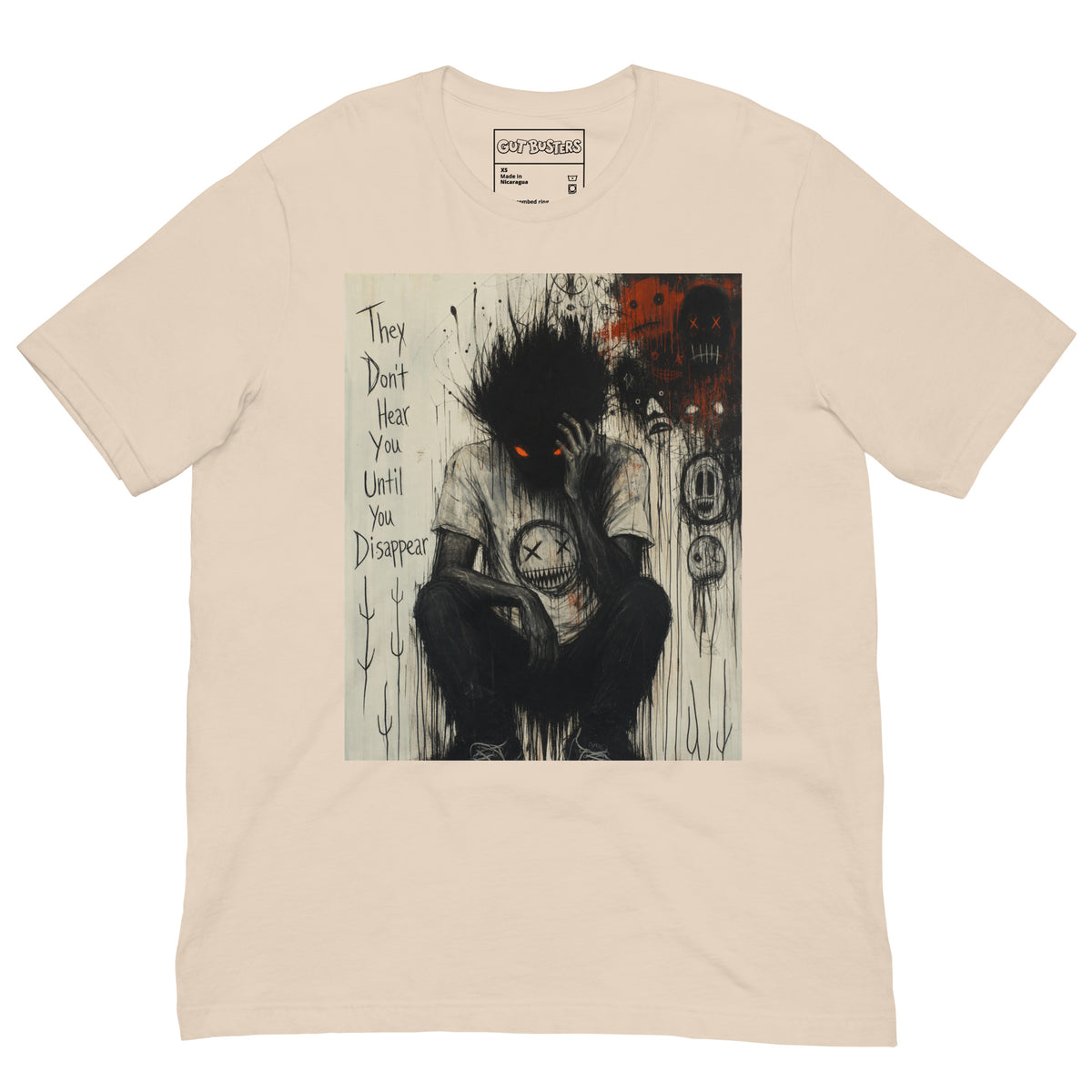 Soft cream unisex t-shirt with the 'To Late' goth graphic: a shadowy, wild-haired figure with glowing red eyes hunched over, with the words "They don't hear you until you disappear"