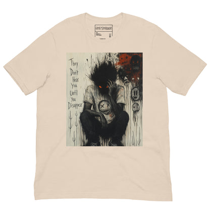 Soft cream unisex t-shirt with the 'To Late' goth graphic: a shadowy, wild-haired figure with glowing red eyes hunched over, with the words "They don't hear you until you disappear"