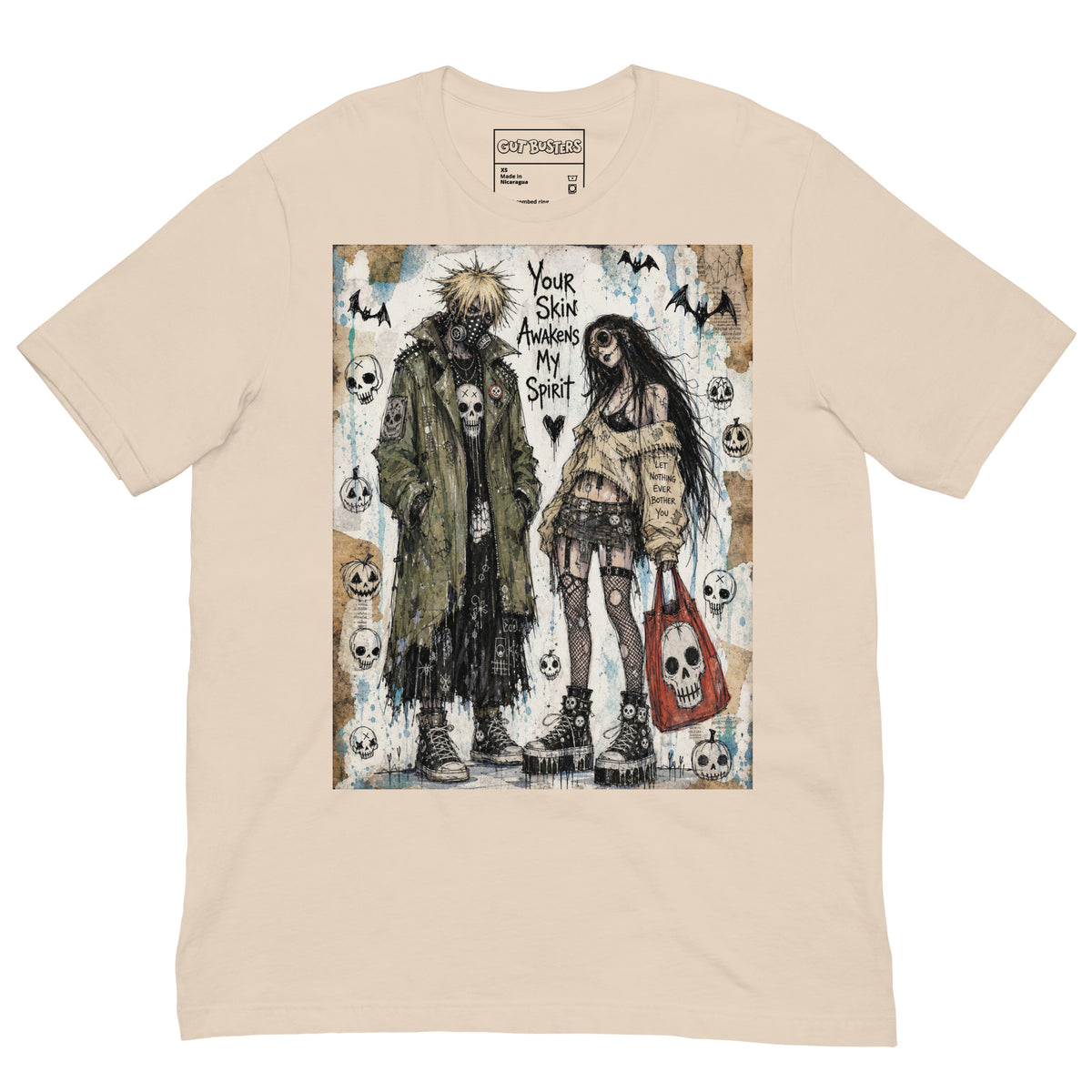 Soft cream unisex t-shirt with the 'Your Skin Awakens My Spirit' goth graphic: a grunge zombie couple standing together, with the words "Your skin awakens my spirit"