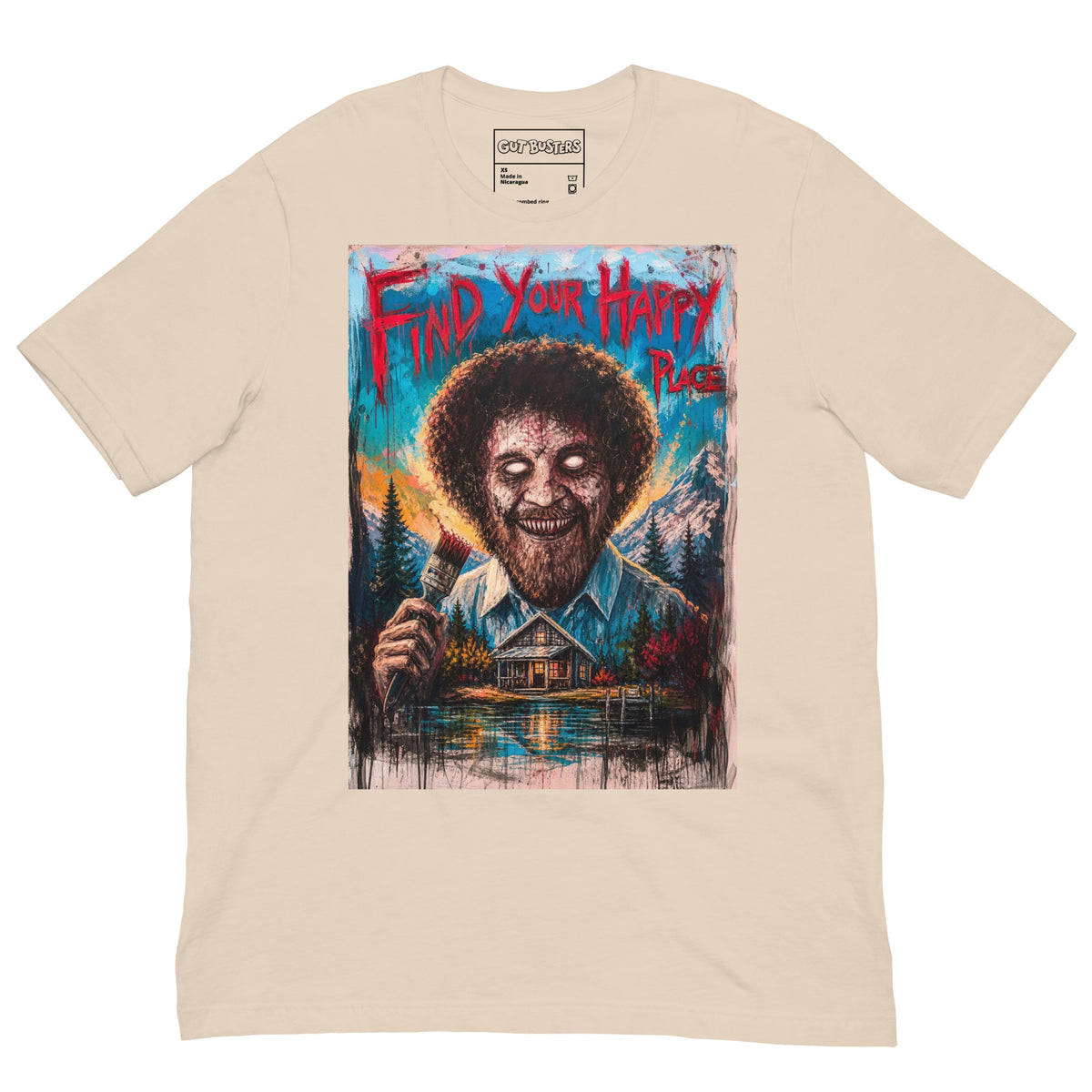 Soft cream unisex t-shirt with the 'Find Your Happy Place' goth graphic: a zombie painter with a curly afro holding a paintbrush in front of a lakeside cabin, with the words "Find your happy place"