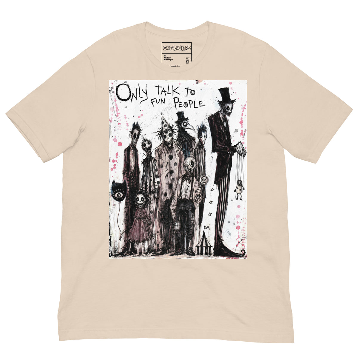 Soft cream unisex t-shirt with the 'Only Talk To Fun People' goth graphic: a lineup of creepy circus-style characters, with the words "Only talk to fun people"