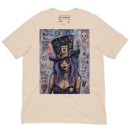 Soft cream unisex t-shirt with the 'The Real Alice' goth graphic: a goth girl with blue and purple hair in a patched top hat, with the words "Not all dolls are pretty"