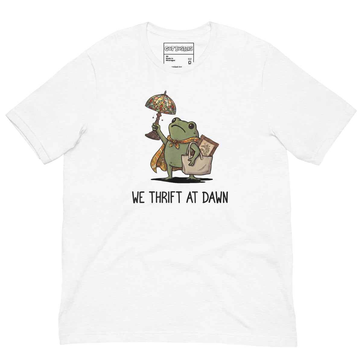 Funny "We Thrift At Dawn Frog" graphic printed on a solid white blend unisex tee, front view