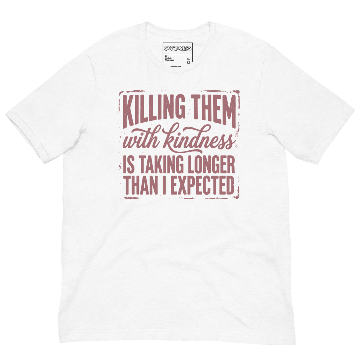 Funny "This Is Taking Way To Long" graphic printed on a solid white blend unisex tee, front view