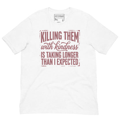 Funny "This Is Taking Way To Long" graphic printed on a solid white blend unisex tee, front view
